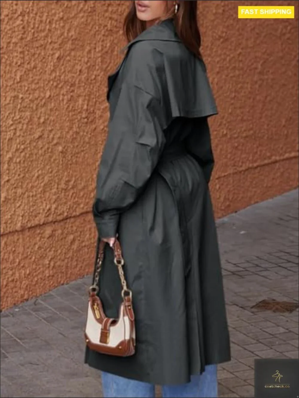 Oversized Double Breasted Trench Coat Classic Elegant Chic Belted Overcoat - Picture 3 of 7